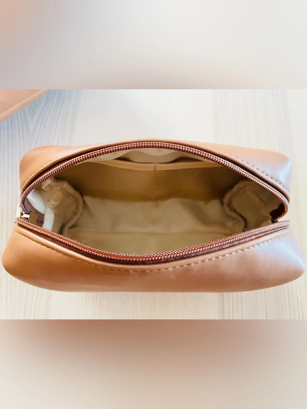 Tan faux leather matching cosmetic bag/ case set, gold “C” emblem, excellent